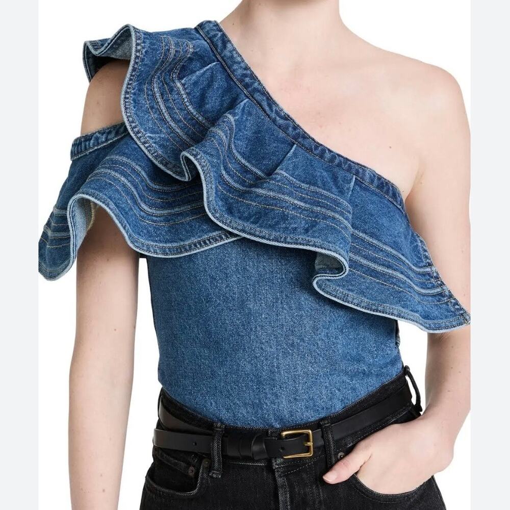 Self-Portrait One-Shoulder Ruffle Denim Top in Blue
